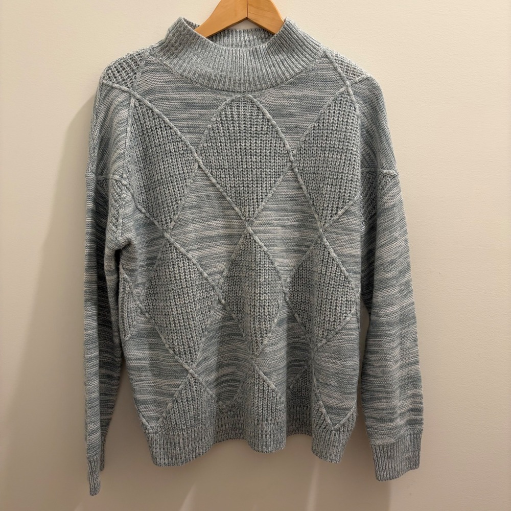Staccato Womens Blue White Marled Diamond Knit Mock Neck Sweater Large 54347